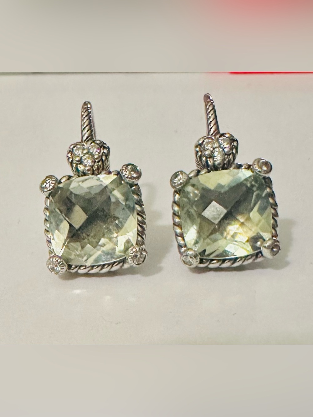 Judith Ripka Silver Drop Earrings with Light Green Quartz Faceted Gems